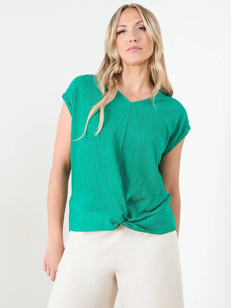 Knot Front V-Neck Top with Crochet Detail