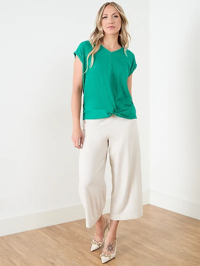Knot Front V-Neck Top with Crochet Detail