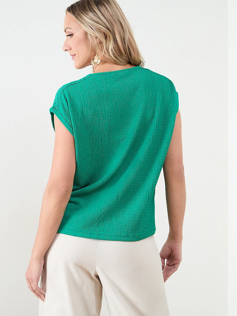 Knot Front V-Neck Top with Crochet Detail