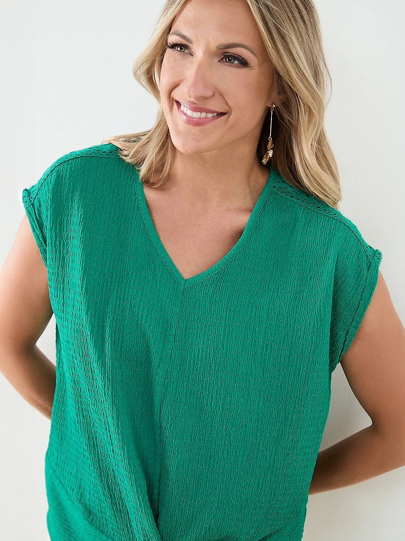 Knot Front V-Neck Top with Crochet Detail
