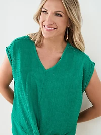Knot Front V-Neck Top with Crochet Detail