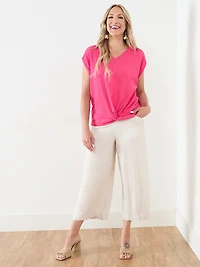 Knot Front V-Neck Top with Shoulder Detail