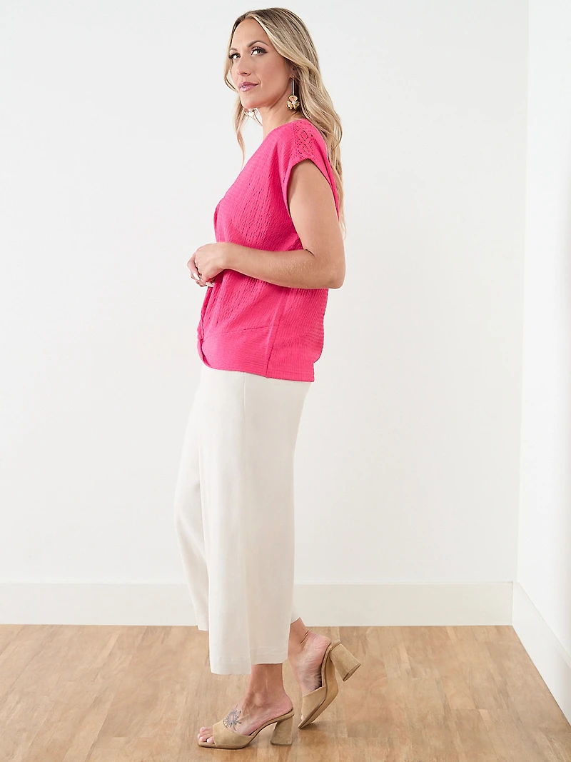 Knot Front V-Neck Top with Shoulder Detail