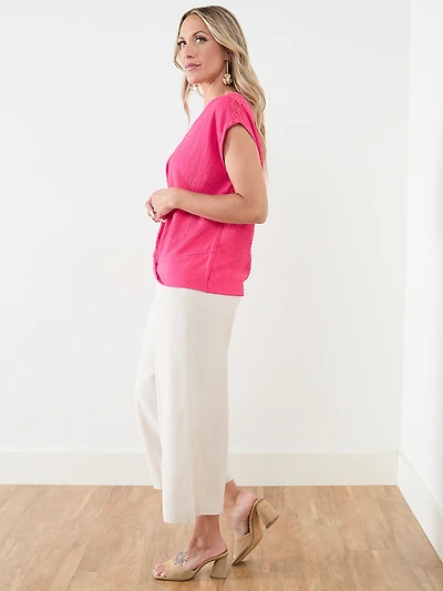 Knot Front V-Neck Top with Shoulder Detail