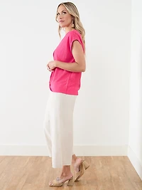 Knot Front V-Neck Top with Shoulder Detail