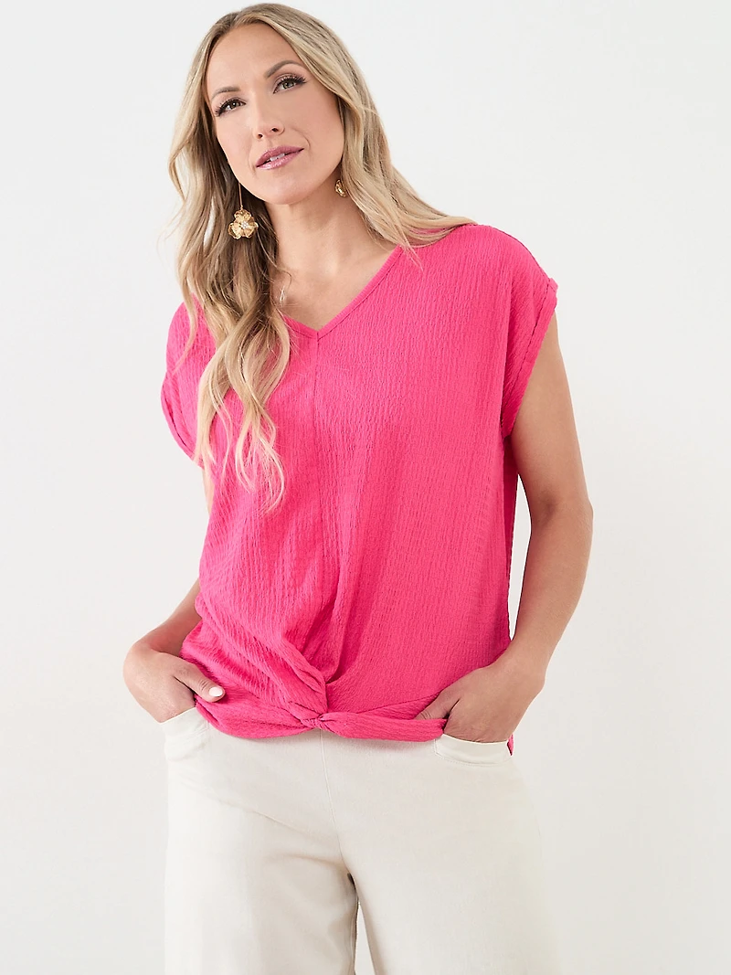 Knot Front V-Neck Top with Shoulder Detail