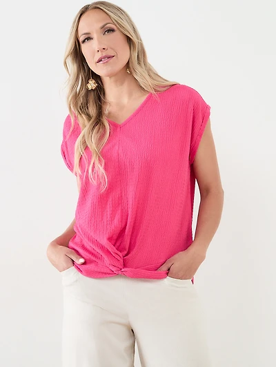 Knot Front V-Neck Top with Shoulder Detail