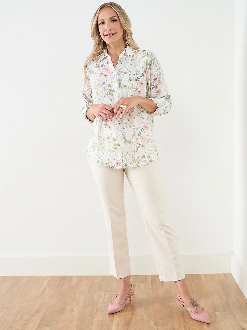 Long Sleeve Collared Blouse with Roll Tabs