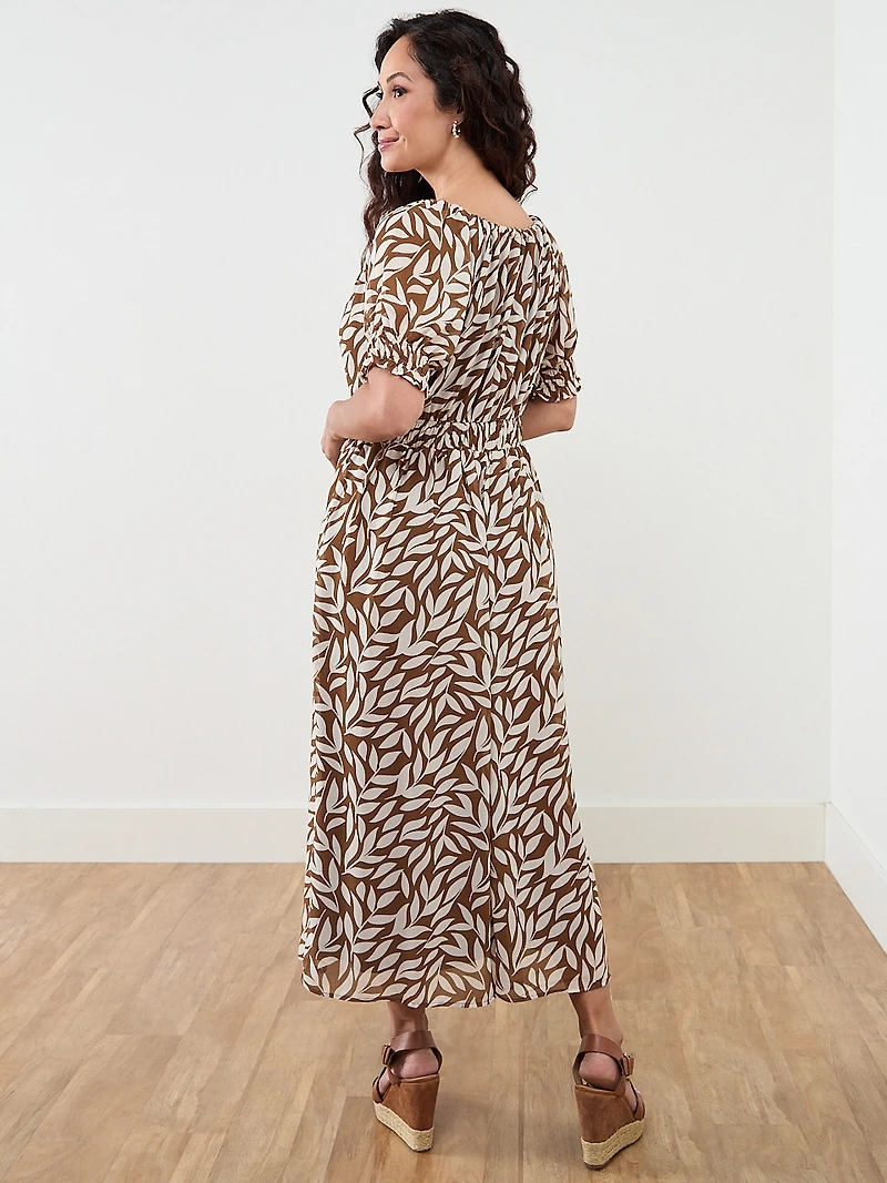 Neutral Chiffon Leaf Print Maxi Dress