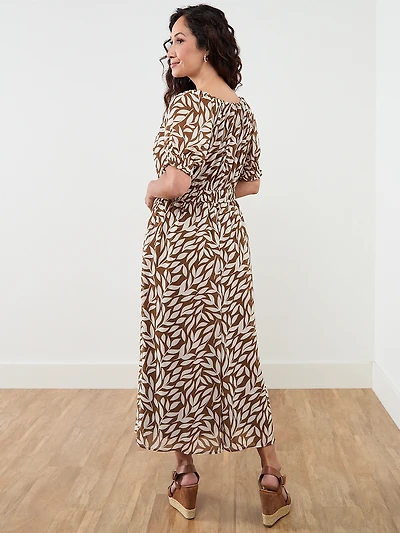 Neutral Chiffon Leaf Print Maxi Dress