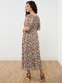 Neutral Chiffon Leaf Print Maxi Dress