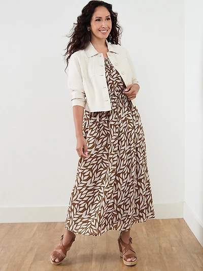 Neutral Chiffon Leaf Print Maxi Dress