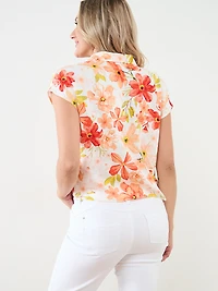 Notch Collar Linen Tie Front Blouse