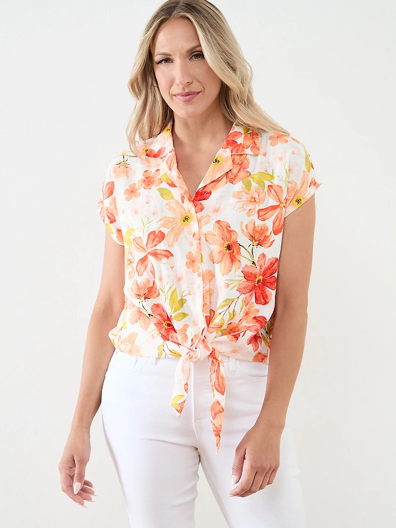 Notch Collar Linen Tie Front Blouse