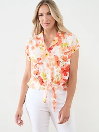 Notch Collar Linen Tie Front Blouse