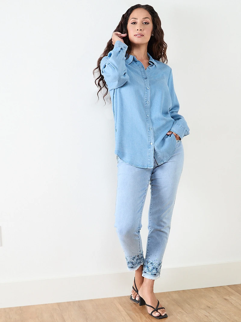 Petite Chambray Roll-Tab Blouse