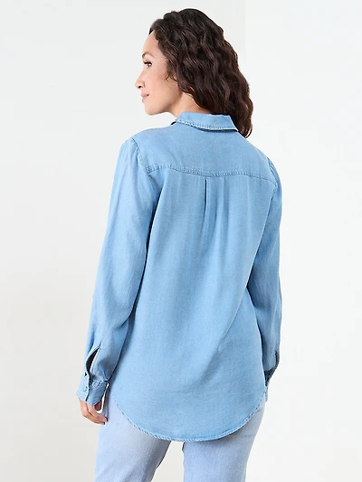 Petite Chambray Roll-Tab Blouse