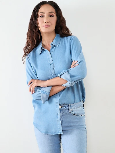 Petite Chambray Roll-Tab Blouse