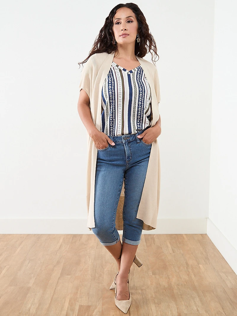Petite Knit Shoulder Trim T-Shirt in Navy Stripe