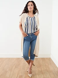 Petite Knit Shoulder Trim T-Shirt in Navy Stripe