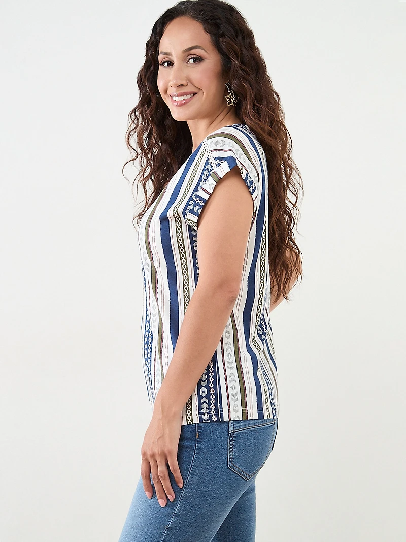 Petite Knit Shoulder Trim T-Shirt in Navy Stripe