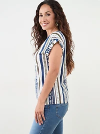Petite Knit Shoulder Trim T-Shirt in Navy Stripe