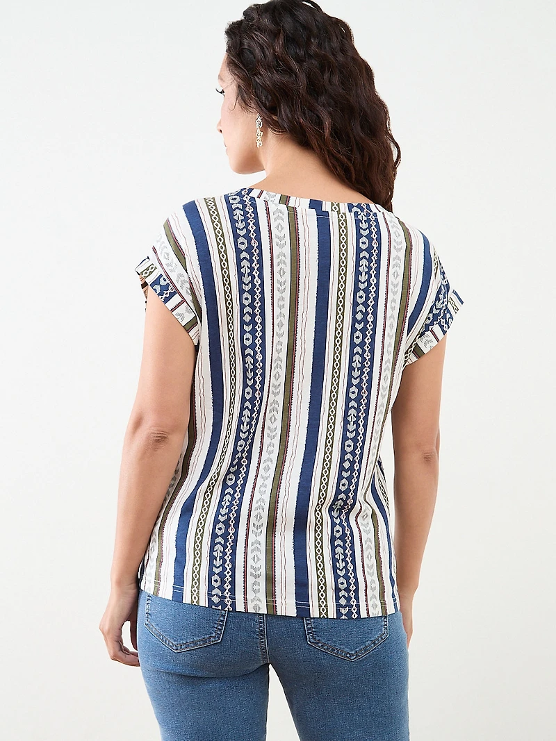 Petite Knit Shoulder Trim T-Shirt in Navy Stripe
