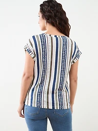 Petite Knit Shoulder Trim T-Shirt in Navy Stripe