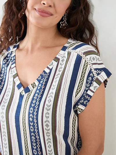 Petite Knit Shoulder Trim T-Shirt in Navy Stripe