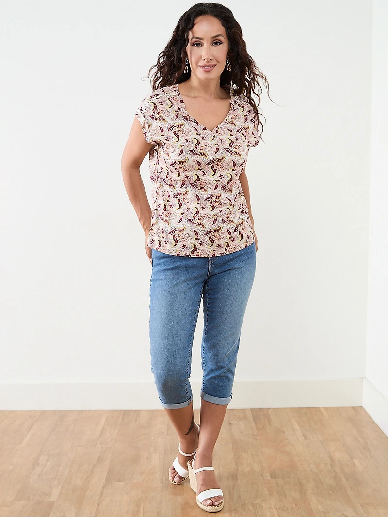 Petite Knit Shoulder Trim T-Shirt in Paisley