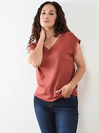Petite Knit Shoulder Trim T-Shirt in Terracotta