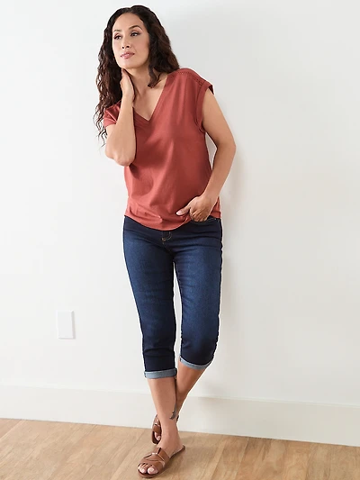 Petite Knit Shoulder Trim T-Shirt in Terracotta