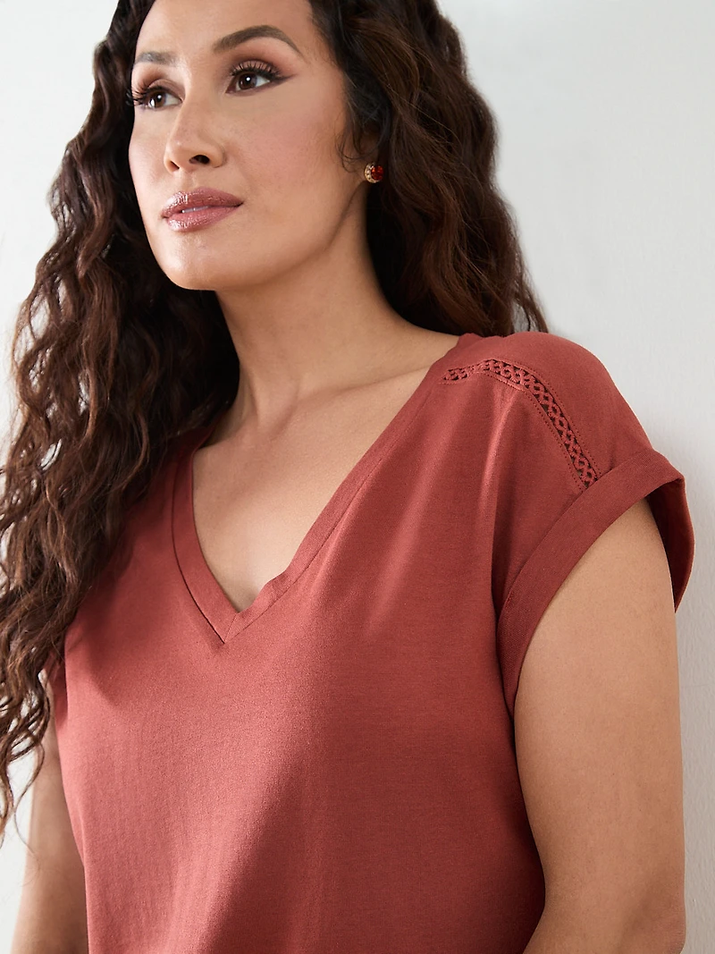Petite Knit Shoulder Trim T-Shirt in Terracotta