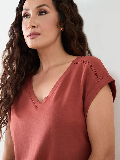 Petite Knit Shoulder Trim T-Shirt in Terracotta
