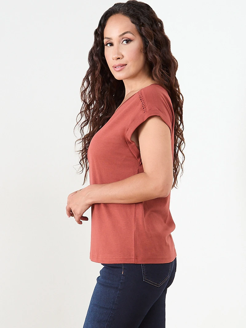 Petite Knit Shoulder Trim T-Shirt in Terracotta