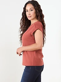 Petite Knit Shoulder Trim T-Shirt in Terracotta