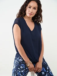 Petite Knot Front V-Neck Top with Crochet Detail