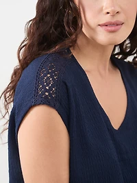 Petite Knot Front V-Neck Top with Crochet Detail