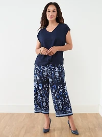 Petite Knot Front V-Neck Top with Crochet Detail