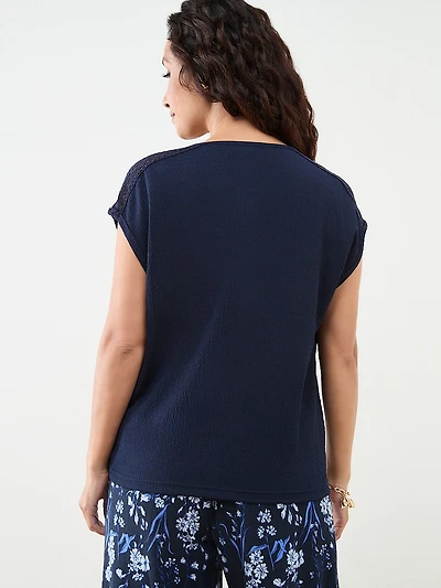 Petite Knot Front V-Neck Top with Crochet Detail