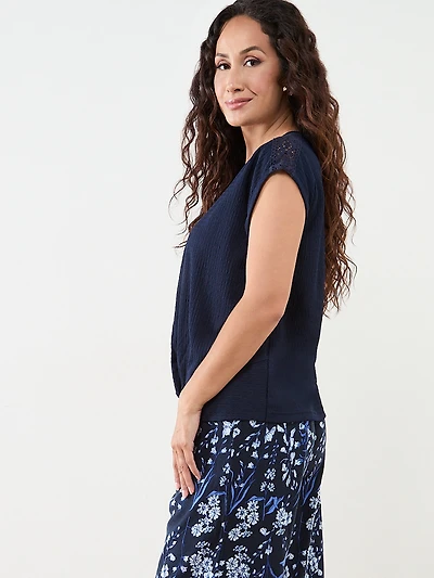 Petite Knot Front V-Neck Top with Crochet Detail