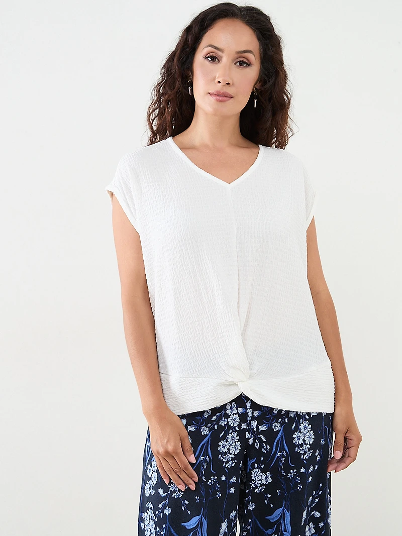 Petite Knot Front V-Neck Top with Shoulder Detail