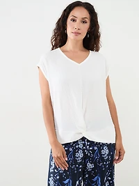Petite Knot Front V-Neck Top with Shoulder Detail
