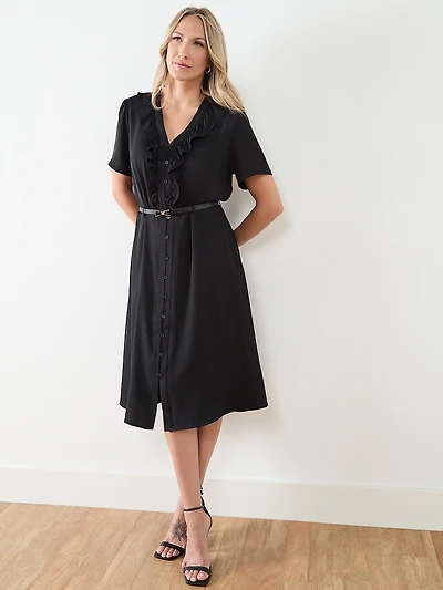 Ruffle Front Midi Length Dress