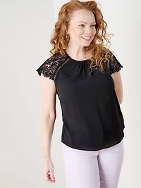 Petite Short Lace Sleeve Top in Crepe