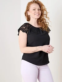 Petite Short Lace Sleeve Top in Crepe