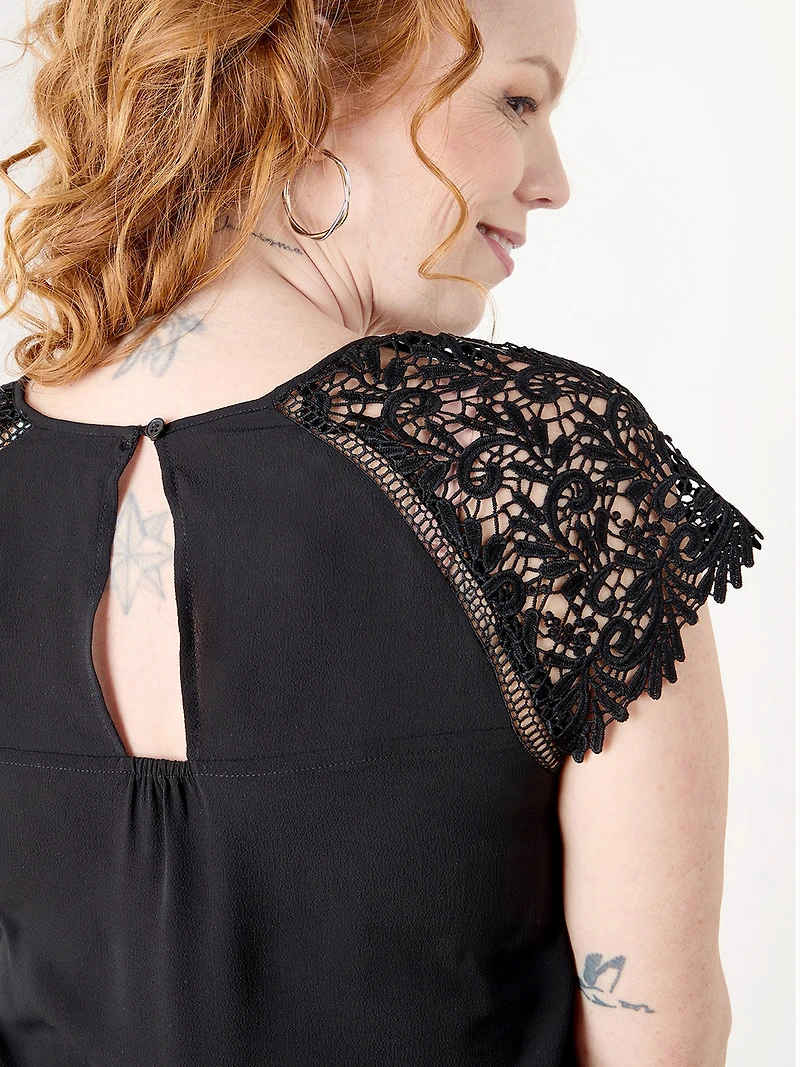 Petite Short Lace Sleeve Top in Crepe