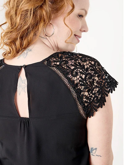 Petite Short Lace Sleeve Top in Crepe