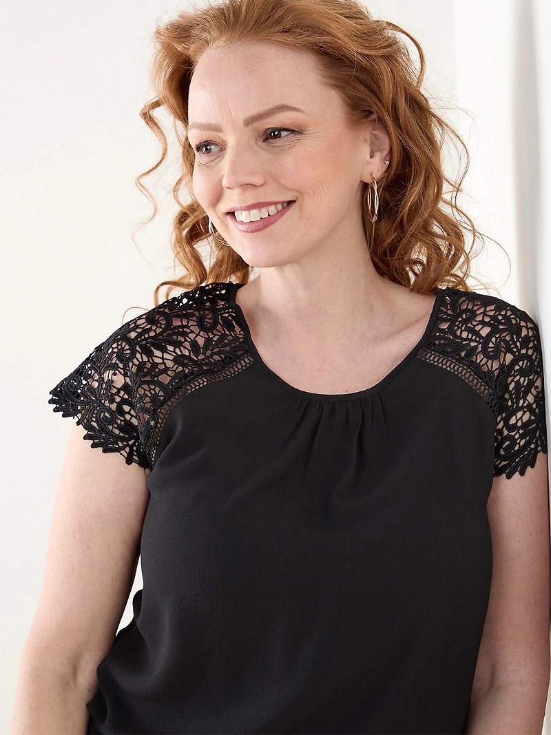 Petite Short Lace Sleeve Top in Crepe