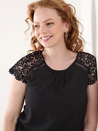Petite Short Lace Sleeve Top in Crepe